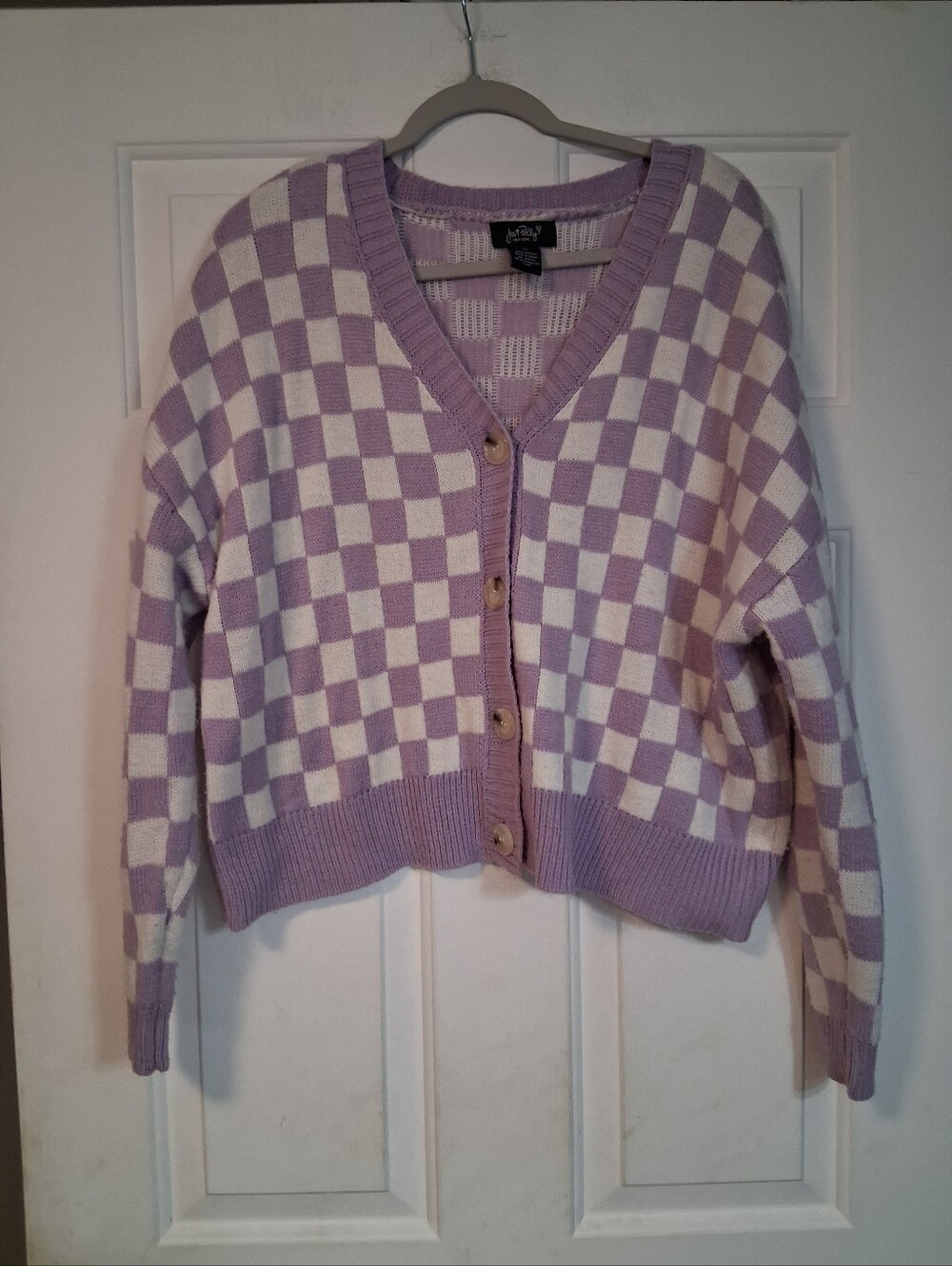 Just Polly New York Checkerboard Button Cardigan Sweater Lavender White V-Neck M